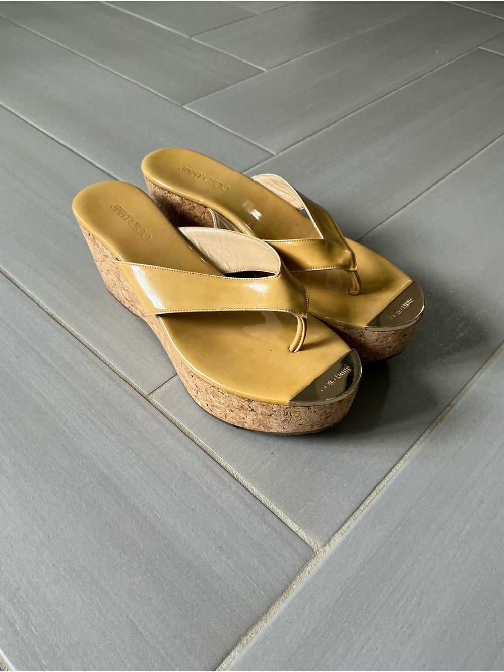 Jimmy Choo Pathos Thong Wedge Sandals | Mustard Yellow | Cork Wedge
